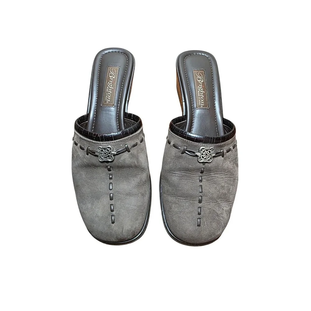 Brighton Women's 7.5 Brown Suede Slip-On Wedge Mules Metal Accent Made In Italy